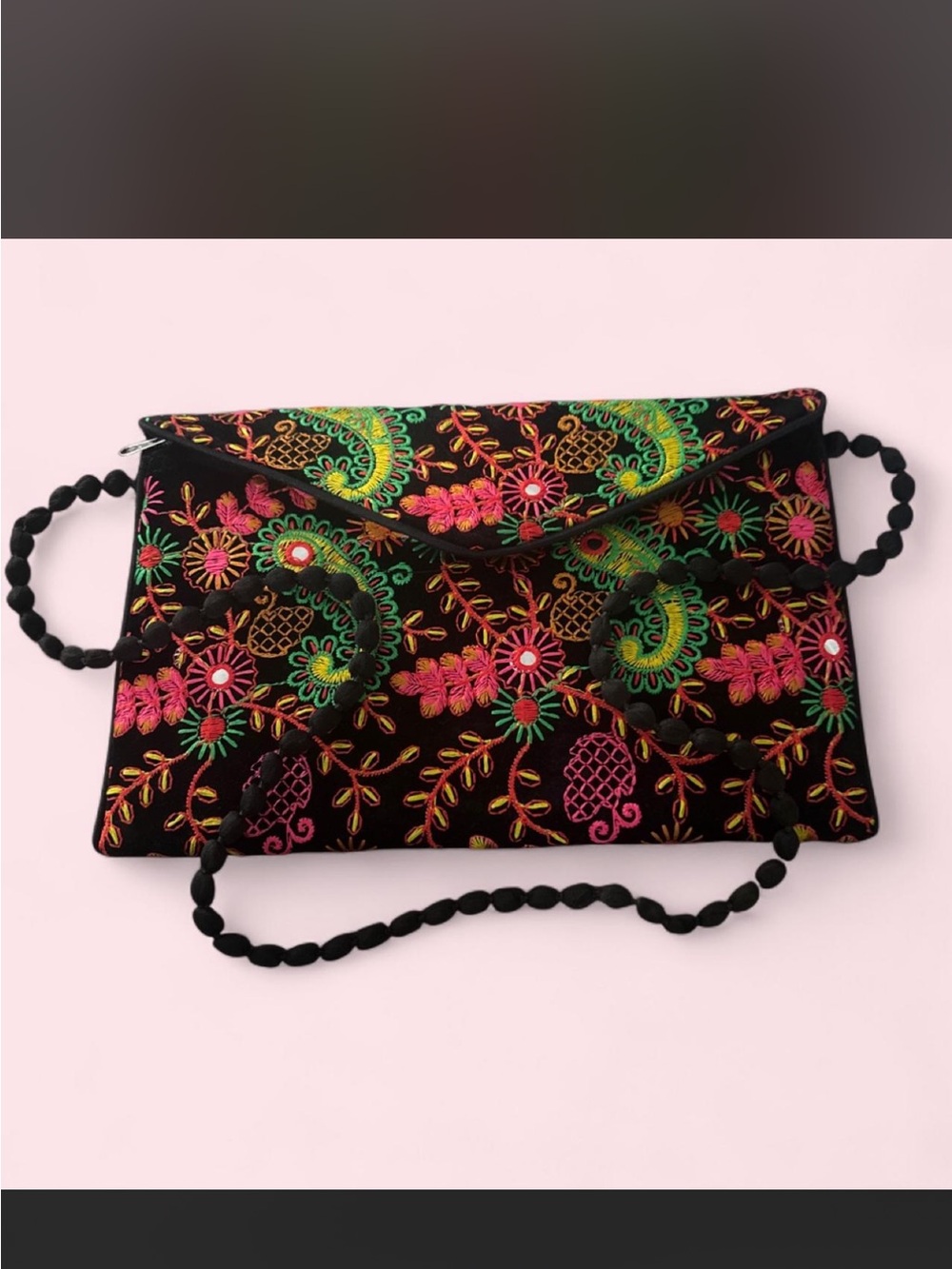 Black Embroidered Floral Clutch with Braided Strap